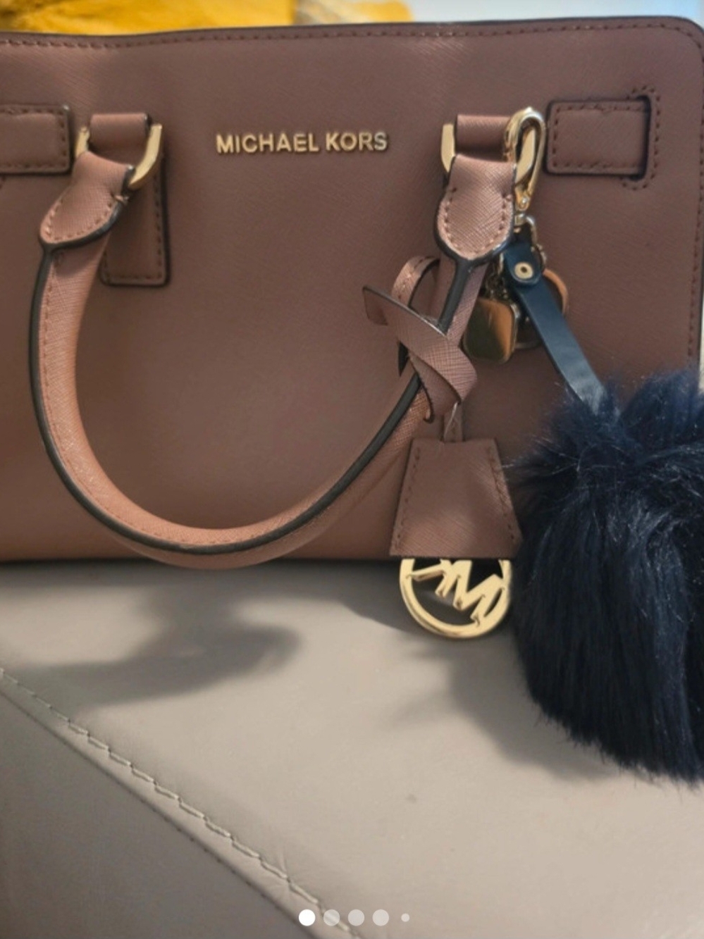 Michael Kors Mauve-Brown Leather Satchel with Navy Pom Charm